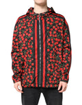 Dolce & gabbana veste coupe-vent à capuche noir avec imprimé cerise rouge et rayures verticales audacieuses