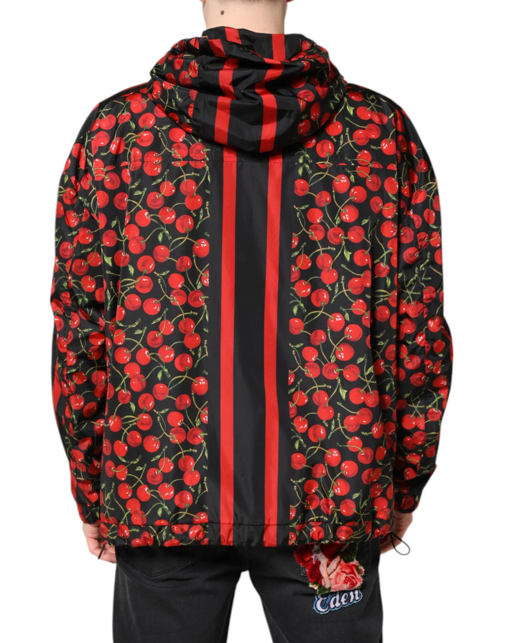 Veste à capuche dolce gabbana noir avec imprimé cerises rouges et larges rayures verticales au dos