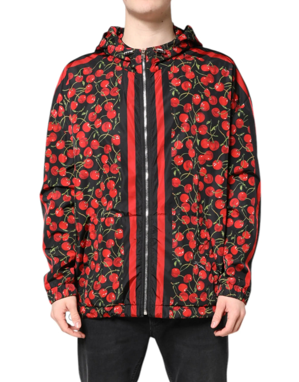 Dolce & Gabbana veste coupe-vent à capuche noire avec imprimé cerise rouge et rayures verticales audacieuses
