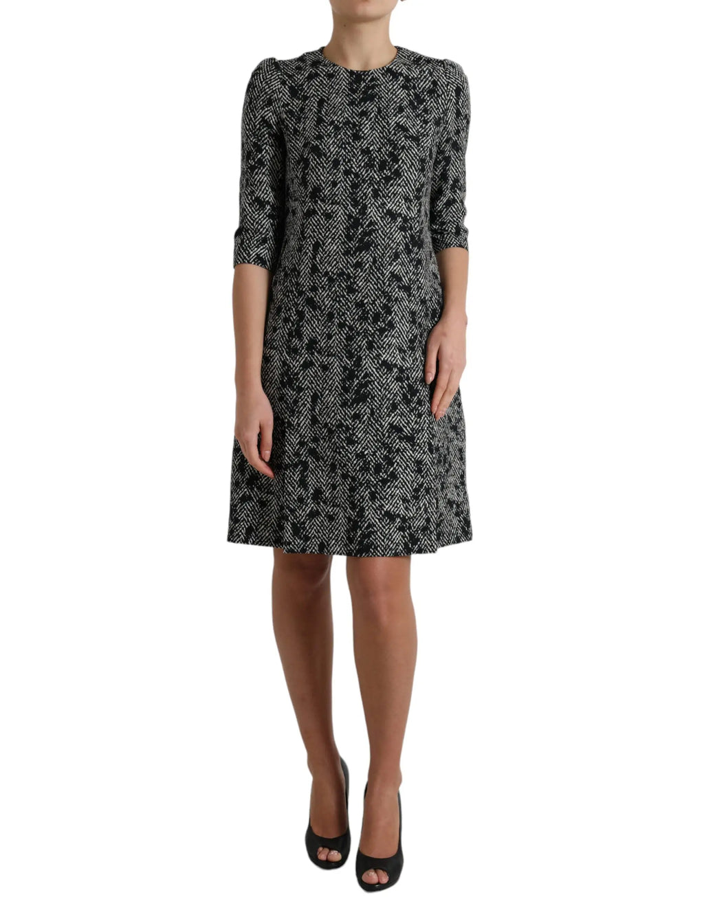 Robe mini Dolce & Gabbana en polyester noire à motif chevrons noir et gris à manches trois quarts