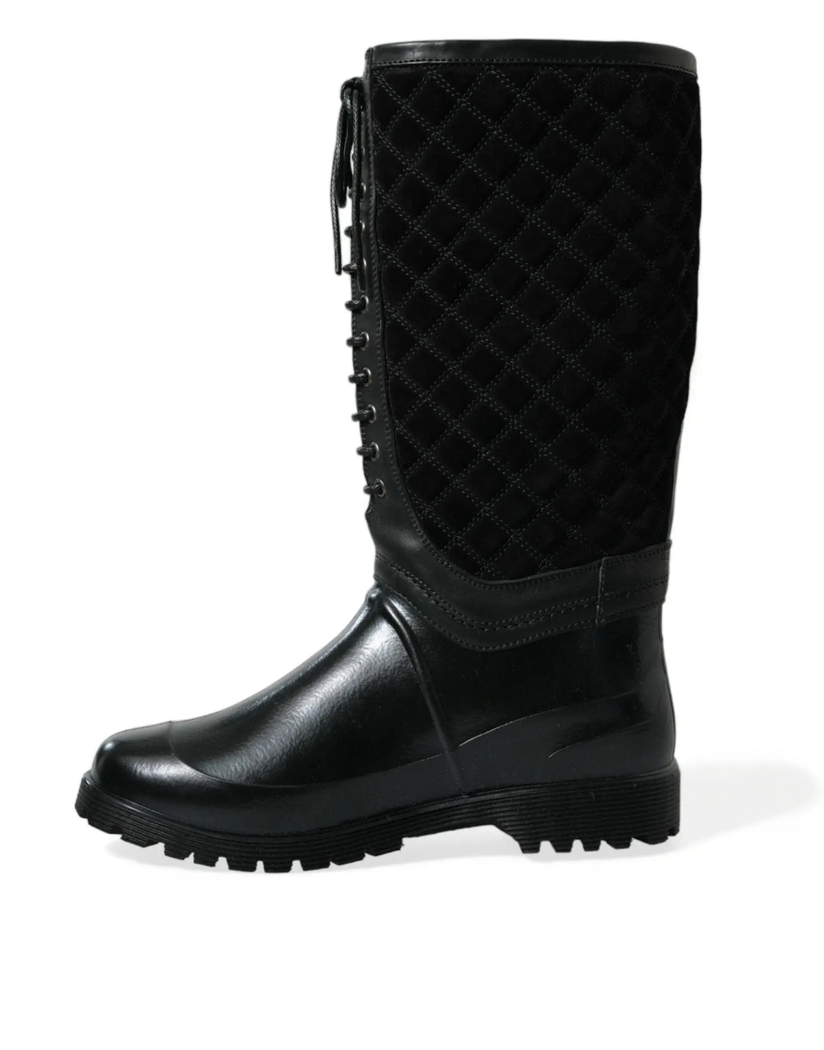Bottes de pluie noires dolce & gabbana chioggia en caoutchouc avec dessus en daim matelassé et lacets