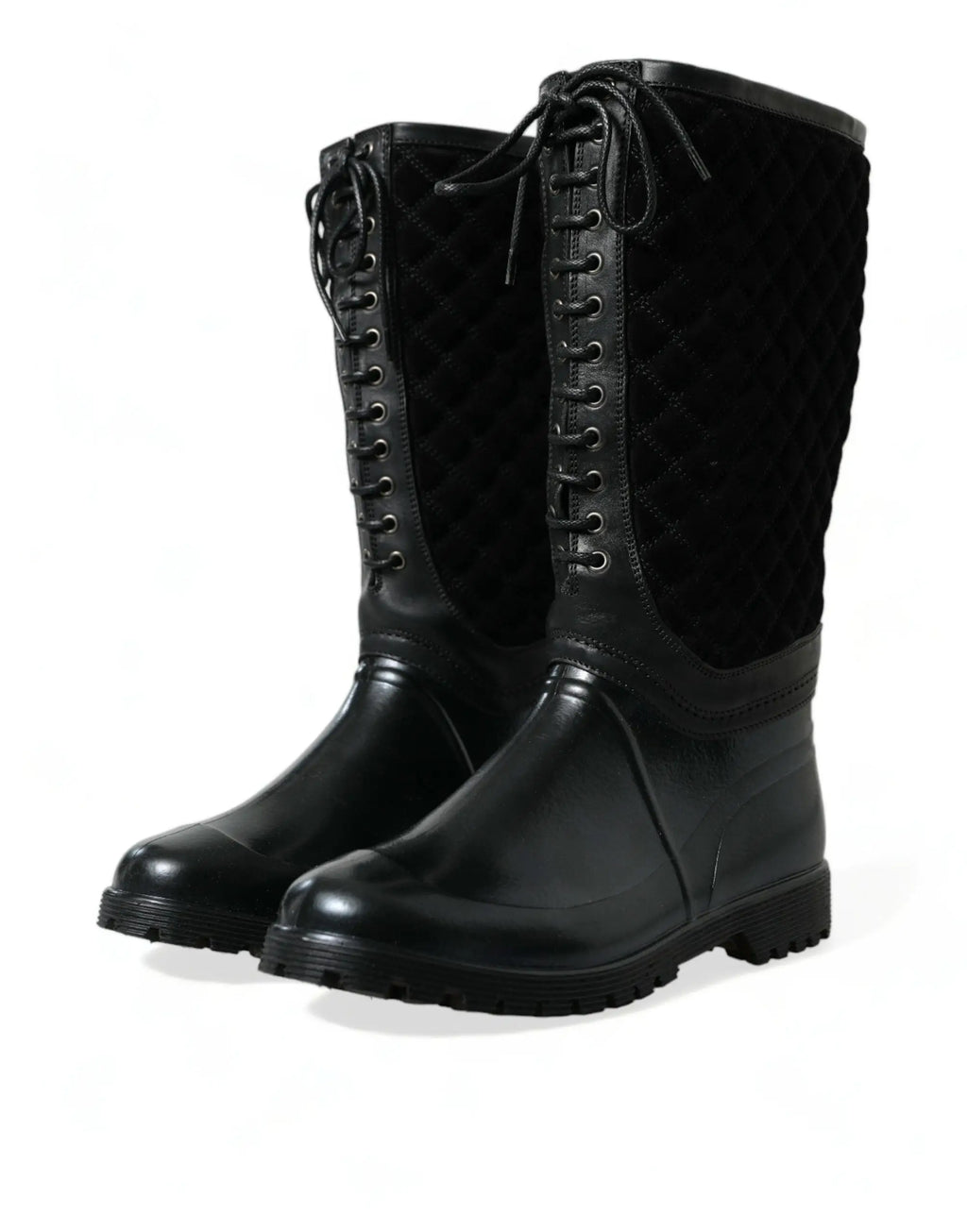 Bottes de pluie dolce & gabbana chioggia noires en caoutchouc et daim avec laçage matelassé et semelle brillante