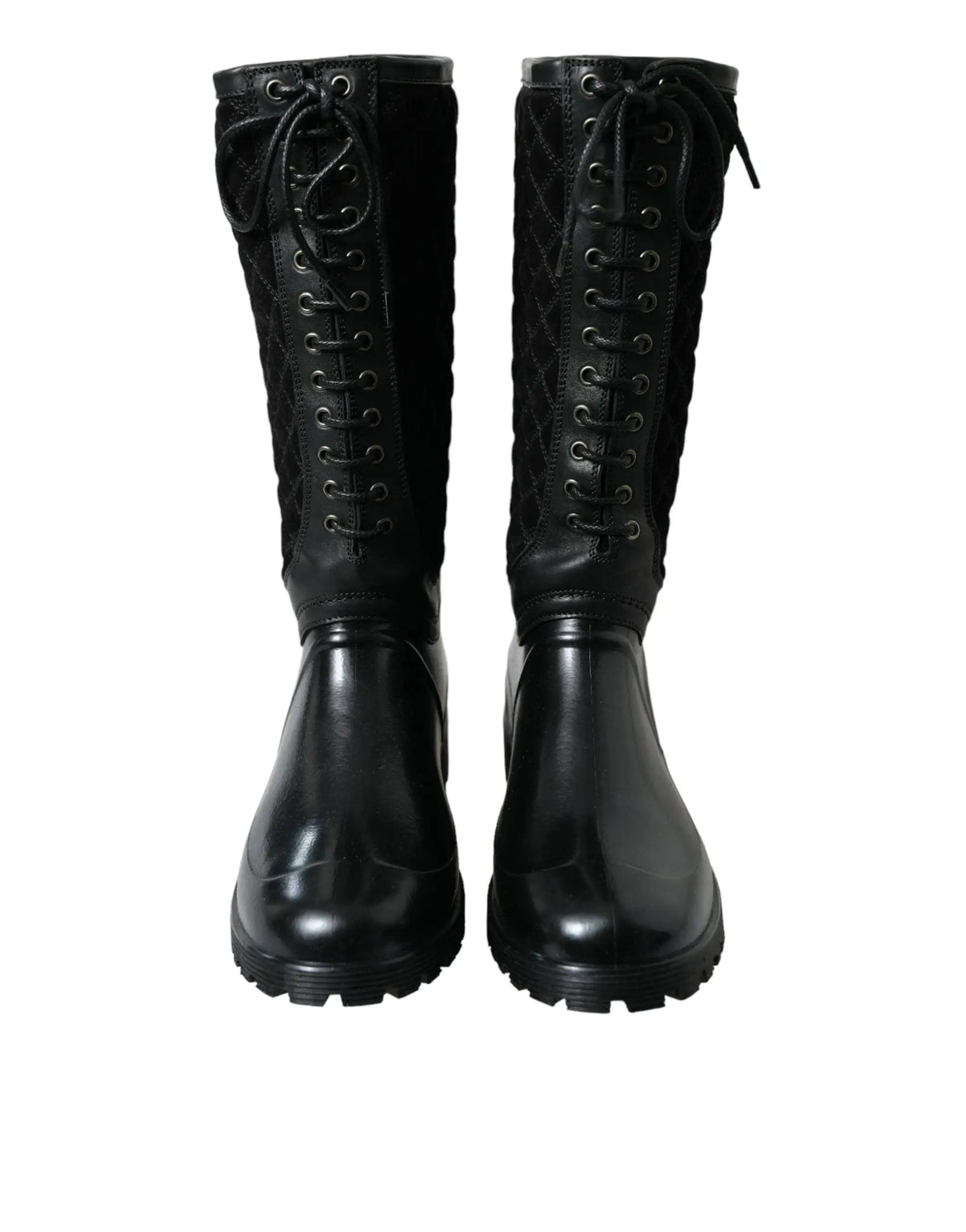 Bottes de pluie Dolce & Gabbana Chioggia noires en cuir matelassé et semelle en caoutchouc brillante à lacets