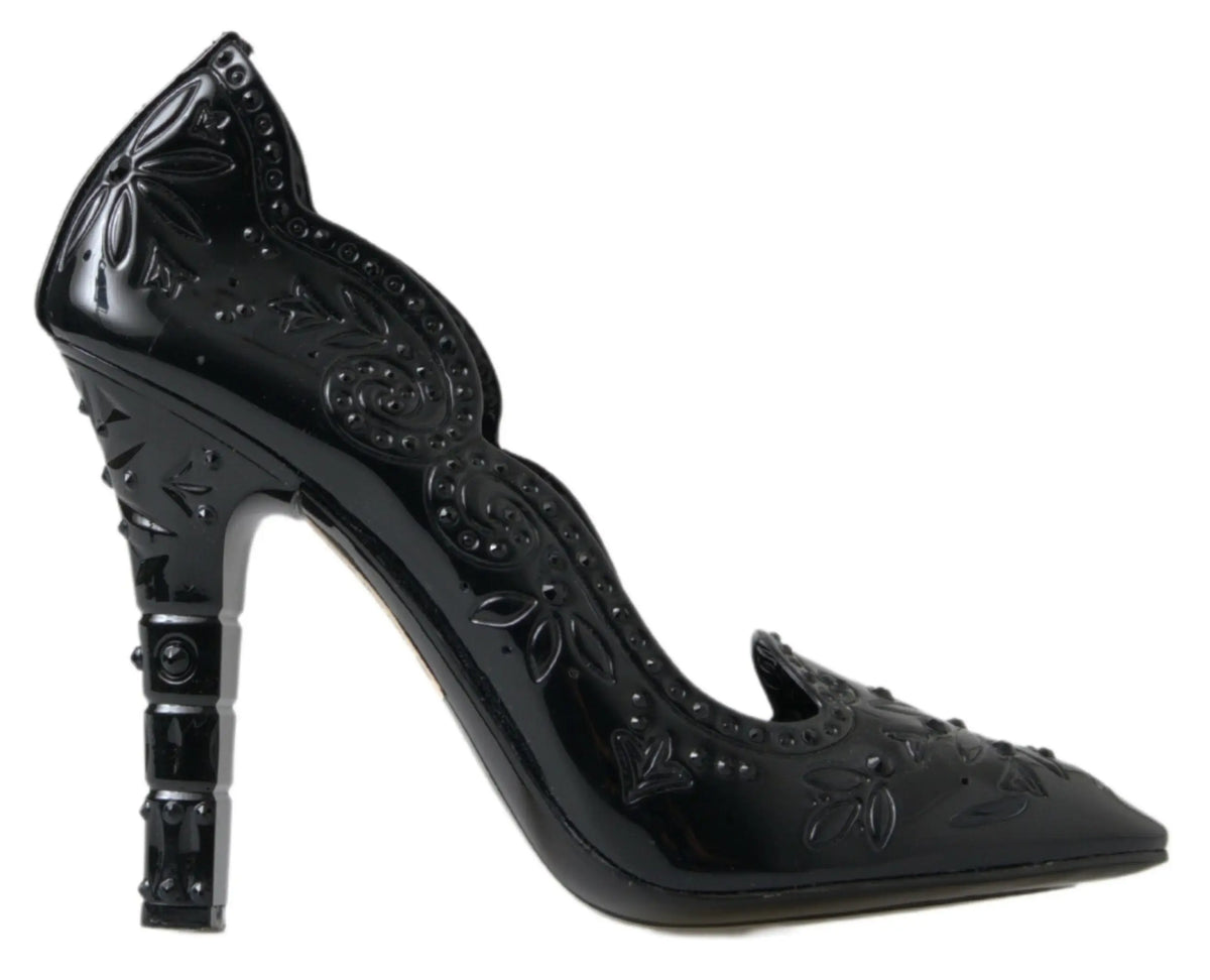Dolce & gabbana chaussure talon haut noire en cuir verni avec embossage floral et arabesque complexe