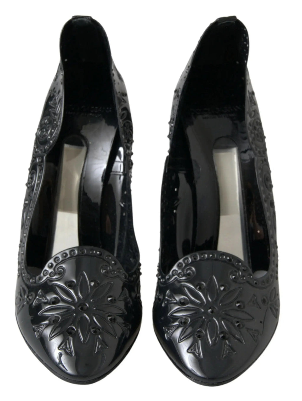 Dolce & gabbana mocassins noirs en cuir verni avec embossage floral et perles décoratives cinderella