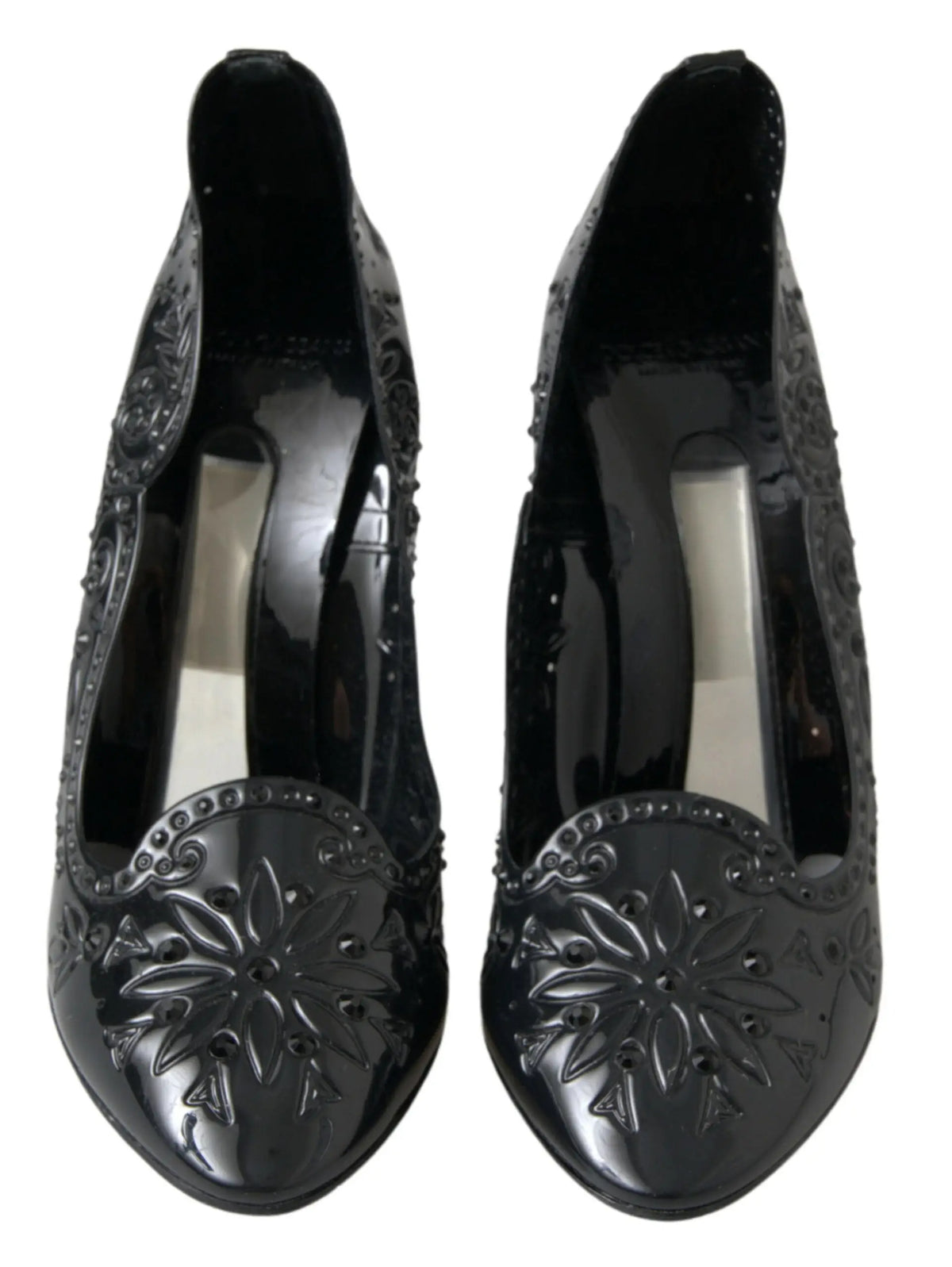 Dolce & gabbana mocassins noirs en cuir verni avec embossage floral et perles décoratives cinderella