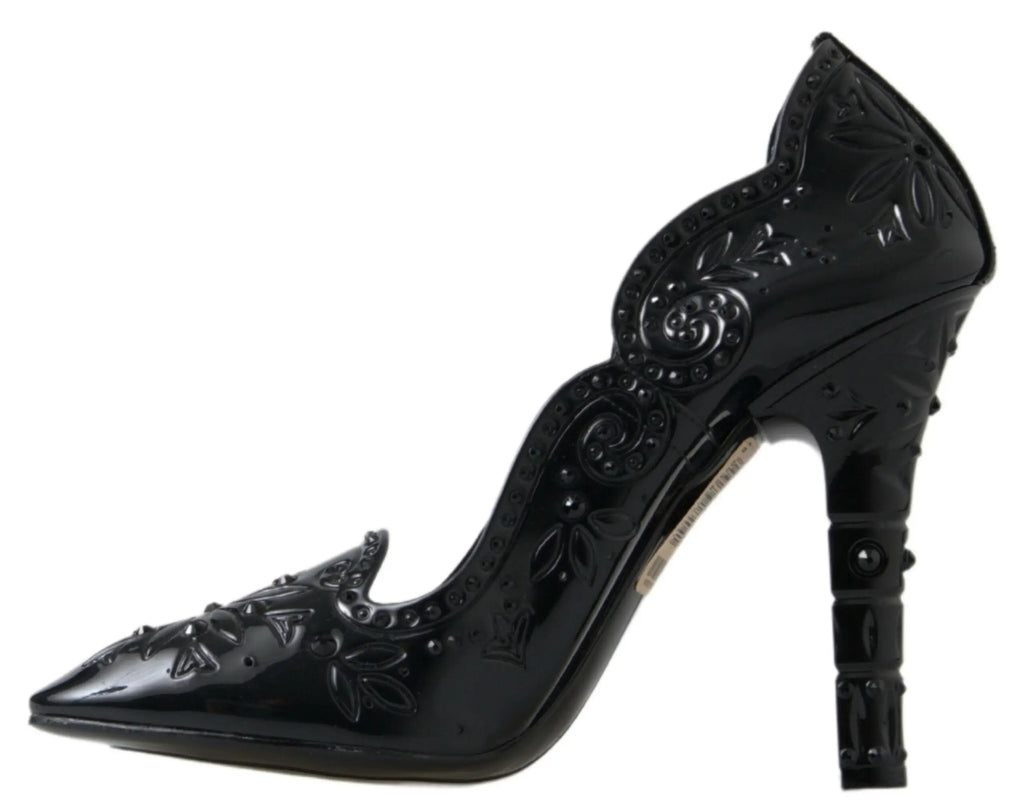 Dolce & gabbana black cinderella high heel pump en cuir verni avec embossage floral et détails en perles