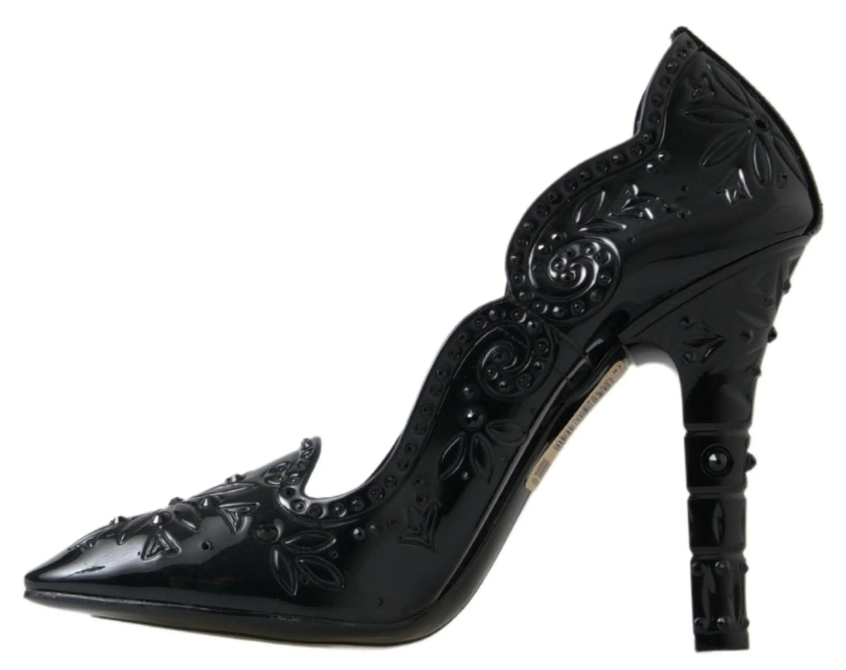 Dolce & gabbana black cinderella high heel pump en cuir verni avec embossage floral et détails en perles