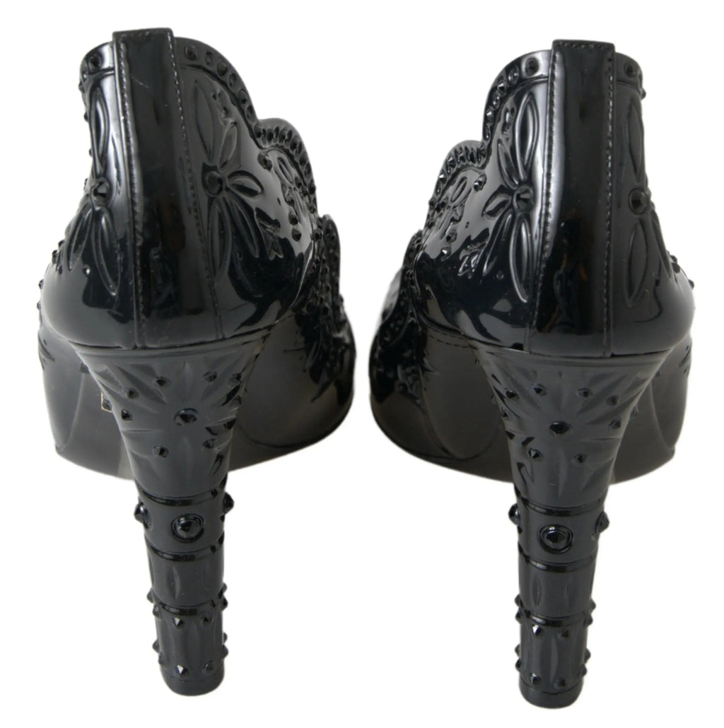 Chaussures dolce & gabbana princess noires en cuir verni avec motifs floraux embossés et détails cloutés