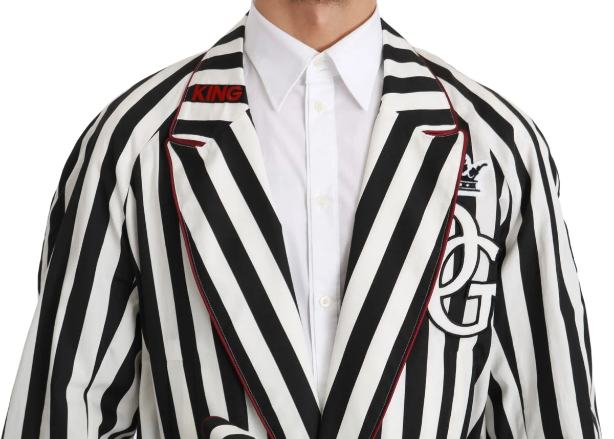 Dolce & gabbana robe de coton blanche à rayures noires avec veste blazer rayée noire et blanche à bord rouge brodée
