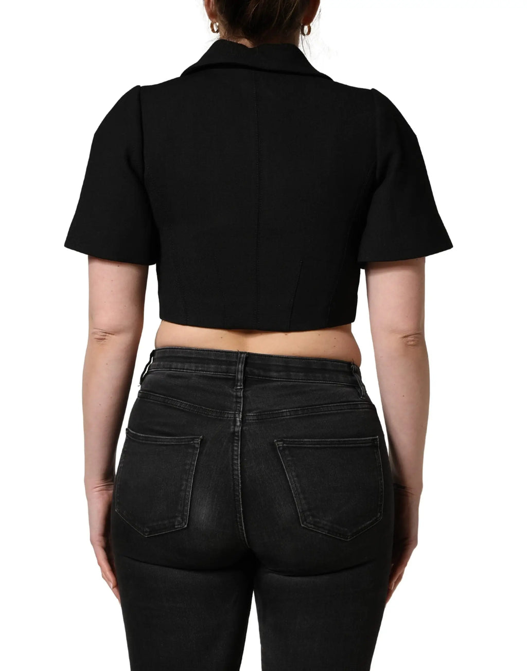 Dolce & Gabbana blouse courte noire à manches courtes avec col et épaules structurées en tissu léger
