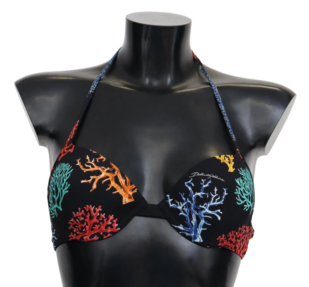 Dolce & gabbana bikini top noir à imprimé corail coraux rouge orange bleu vert idéal pour la plage