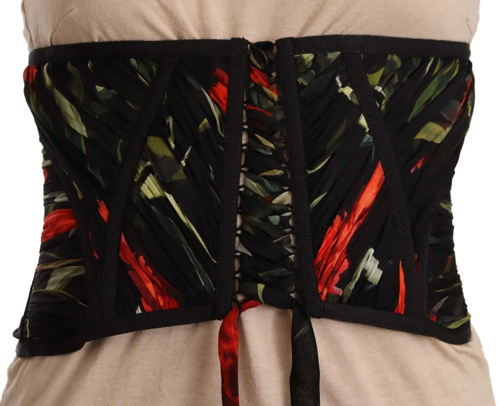 Corset noir dolce gabbana avec motif feuilles rouges et vertes, structure et laçage au dos en soie extensible