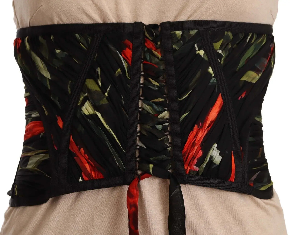 Corset noir dolce gabbana avec motif feuilles rouges et vertes, structure et laçage au dos en soie extensible