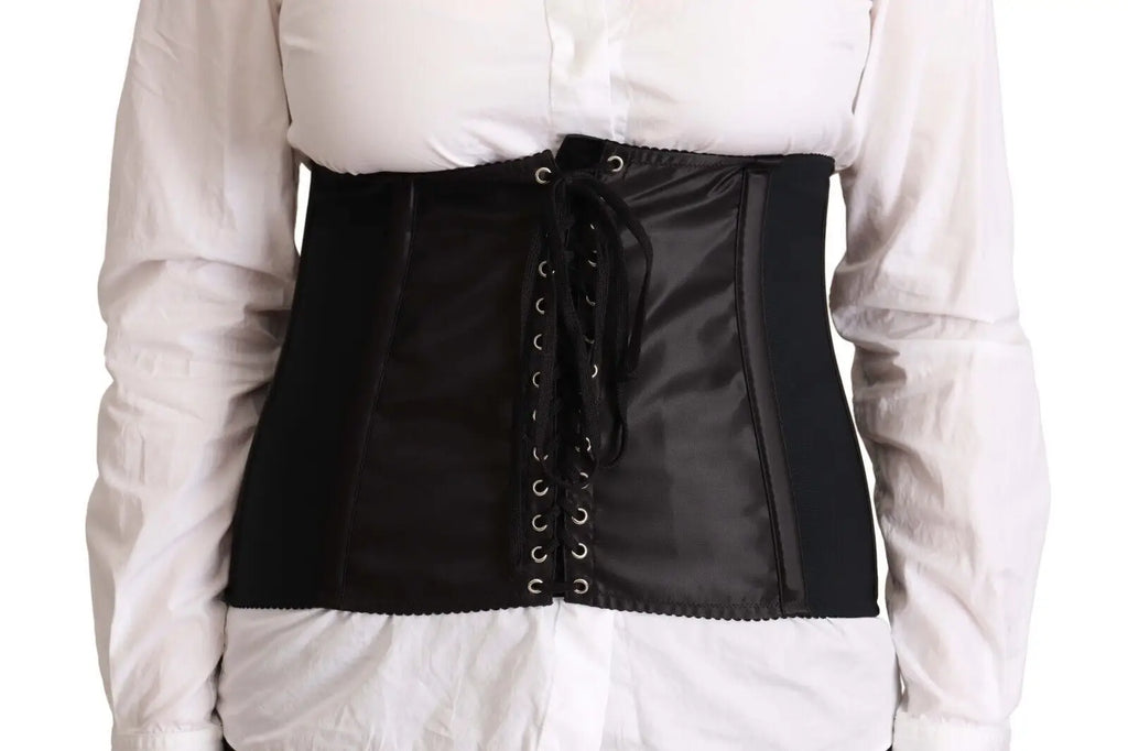 Dolce & gabbana corset ceinture noir en cuir brillant avec œillets argentés et laçage central stretch taille