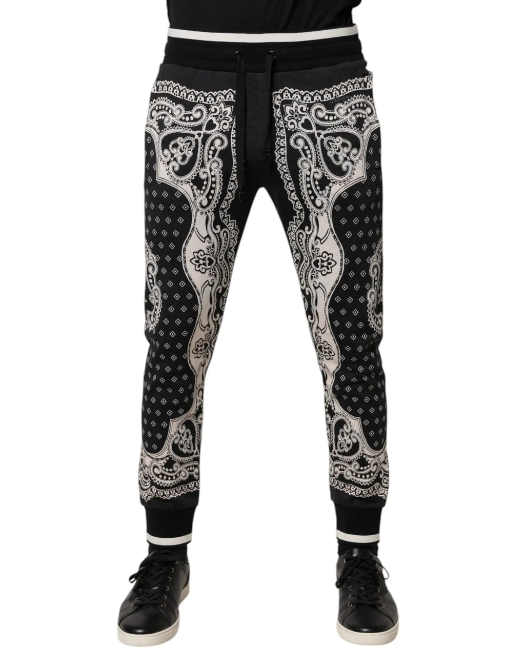 Joggers noirs en coton dolce & gabbana avec motifs bandana blancs et bordures contrastantes à la taille et aux chevilles
