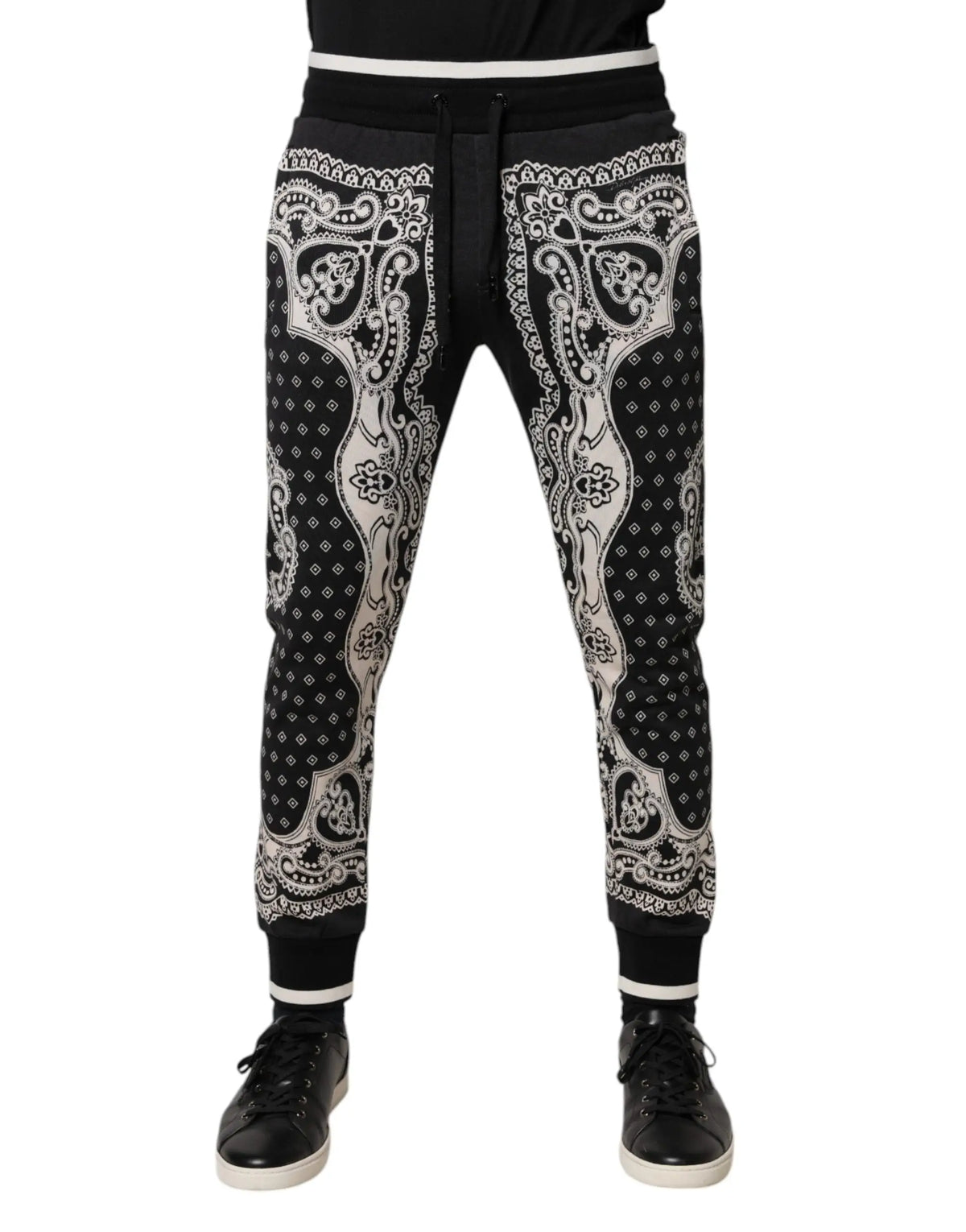 Joggers noirs en coton dolce & gabbana avec motifs bandana blancs et bordures contrastantes à la taille et aux chevilles