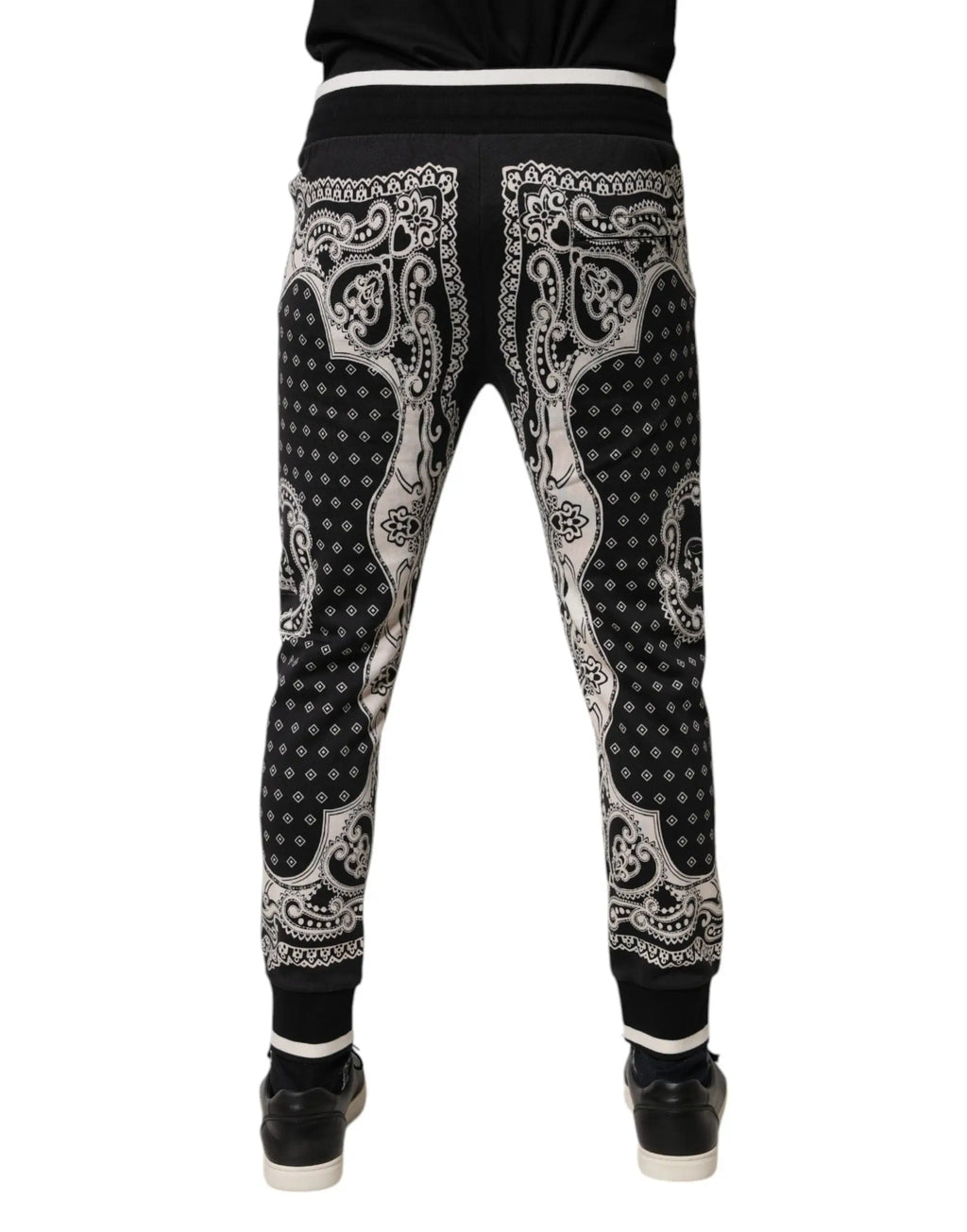 Dolce & gabbana jogger en coton noir avec motif bandana blanc et liserés assortis à la taille et aux chevilles