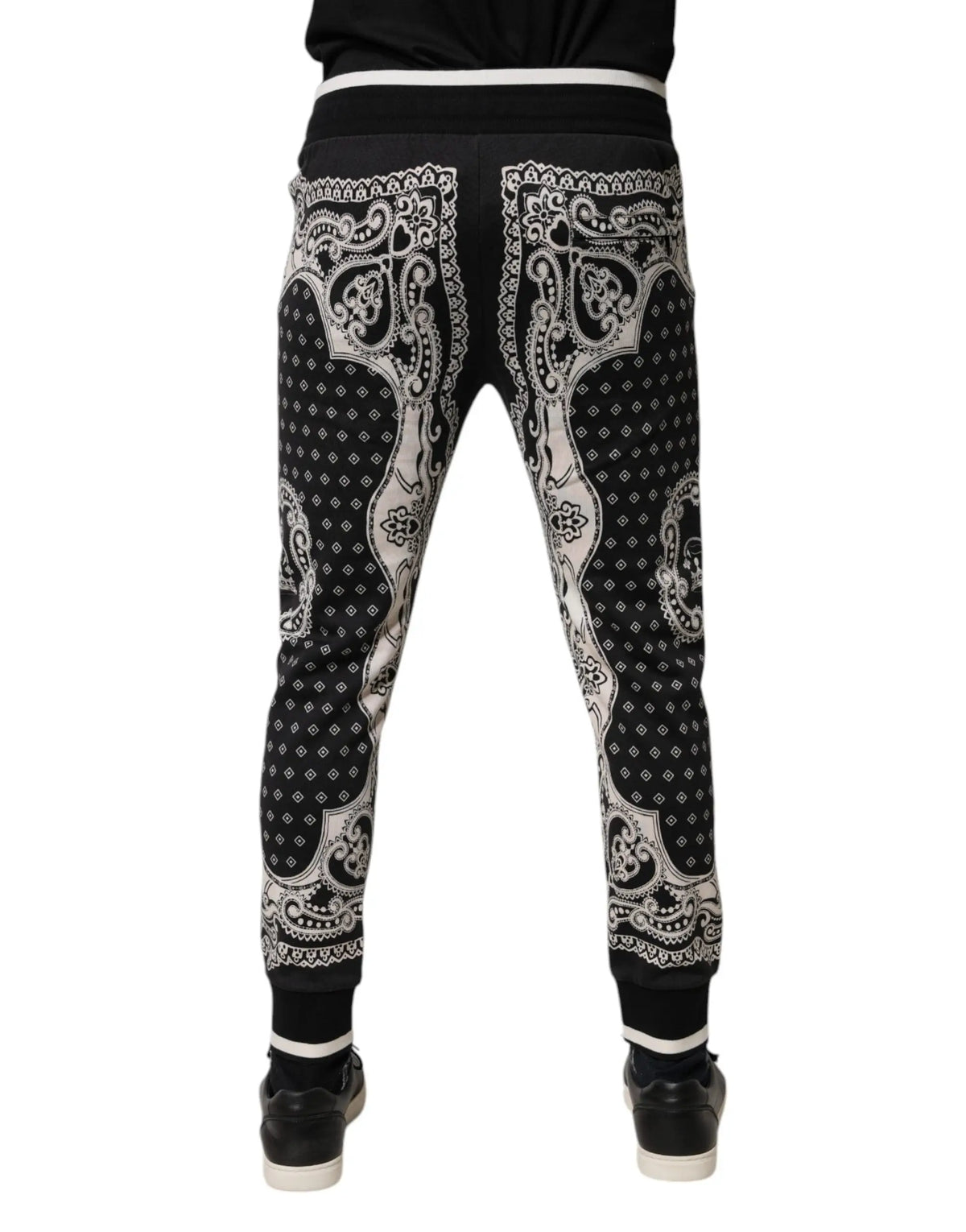Dolce & gabbana jogger en coton noir avec motif bandana blanc et liserés assortis à la taille et aux chevilles