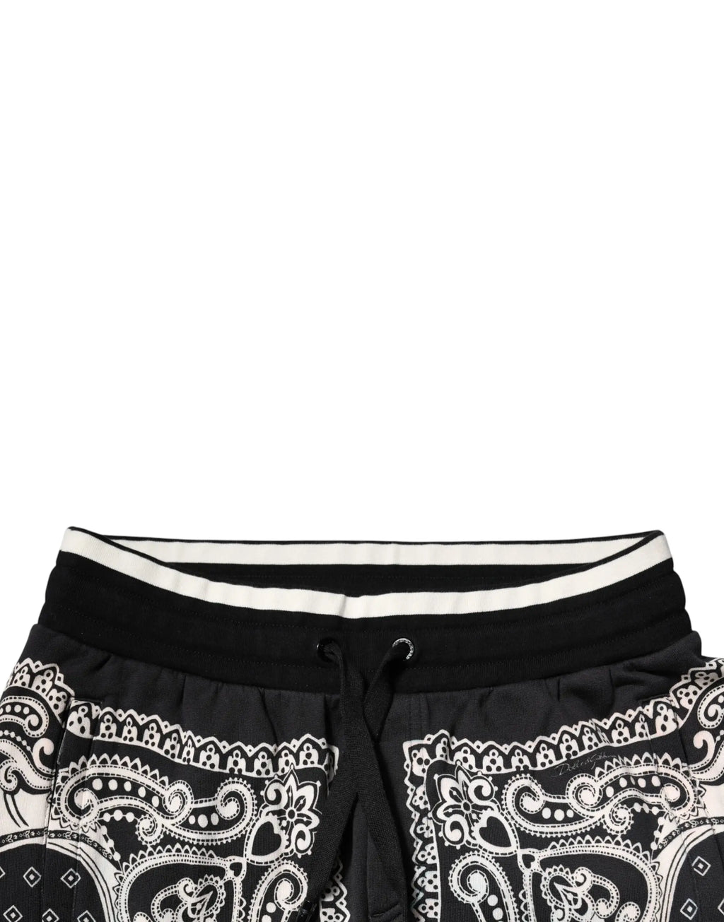 Pantalon de jogging dolce & gabbana en coton noir avec motif paisley blanc et taille élastique contrastée blanche