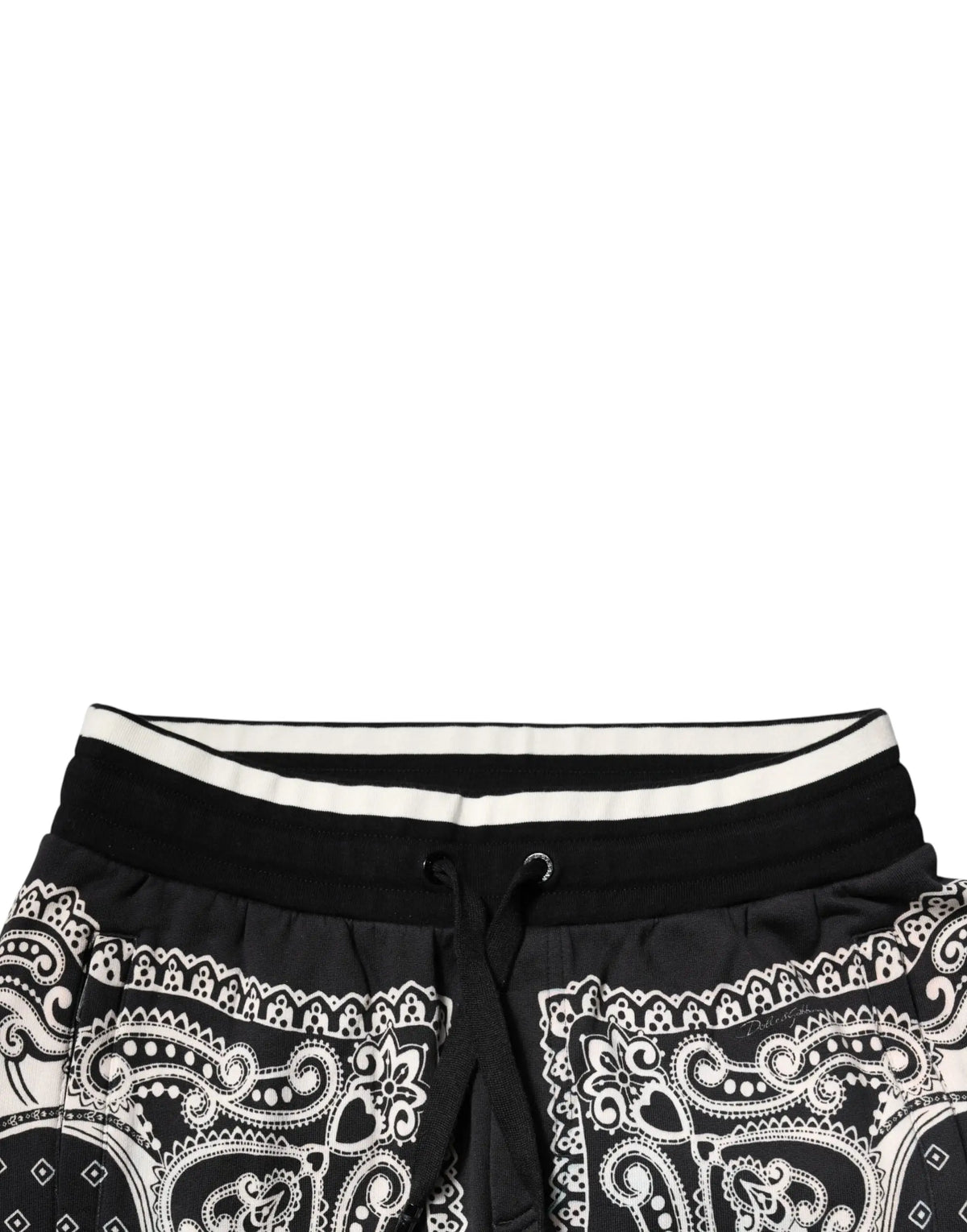 Pantalon de jogging dolce & gabbana en coton noir avec motif paisley blanc et taille élastique contrastée blanche