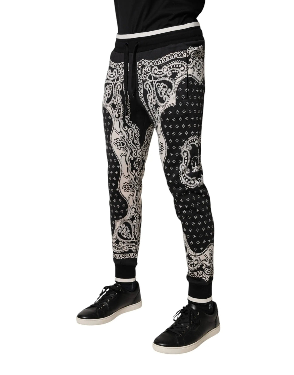 Dolce & gabbana pantalon de jogging en coton noir avec imprimé bandana blanc motifs paisley et crânes détaillés