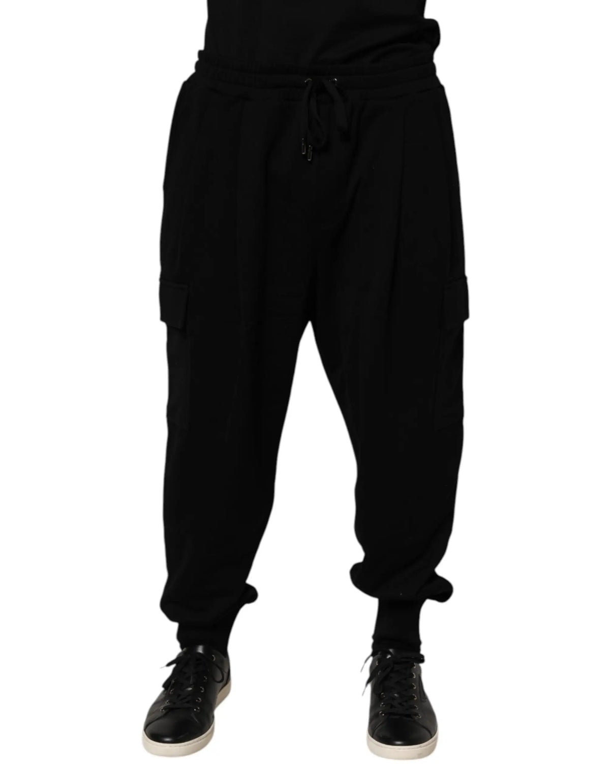Dolce & gabbana pantalon cargo noir en mélange de coton avec taille à cordon et chevilles resserrées