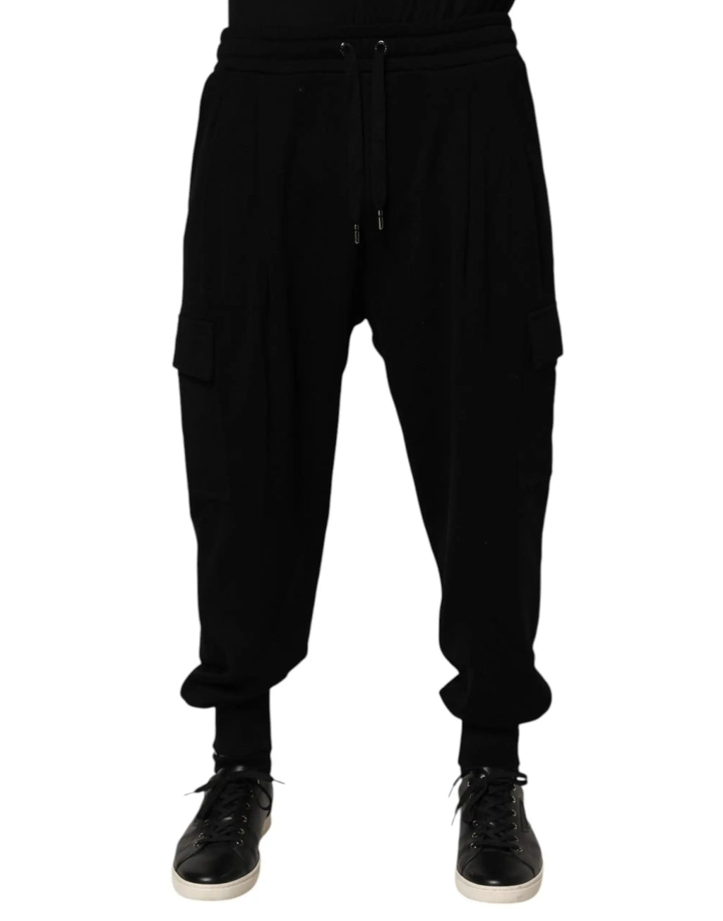 Pantalon cargo noir dolce & gabbana en mélange de coton avec taille élastique, cordon de serrage, poches latérales et chevilles élastiquées