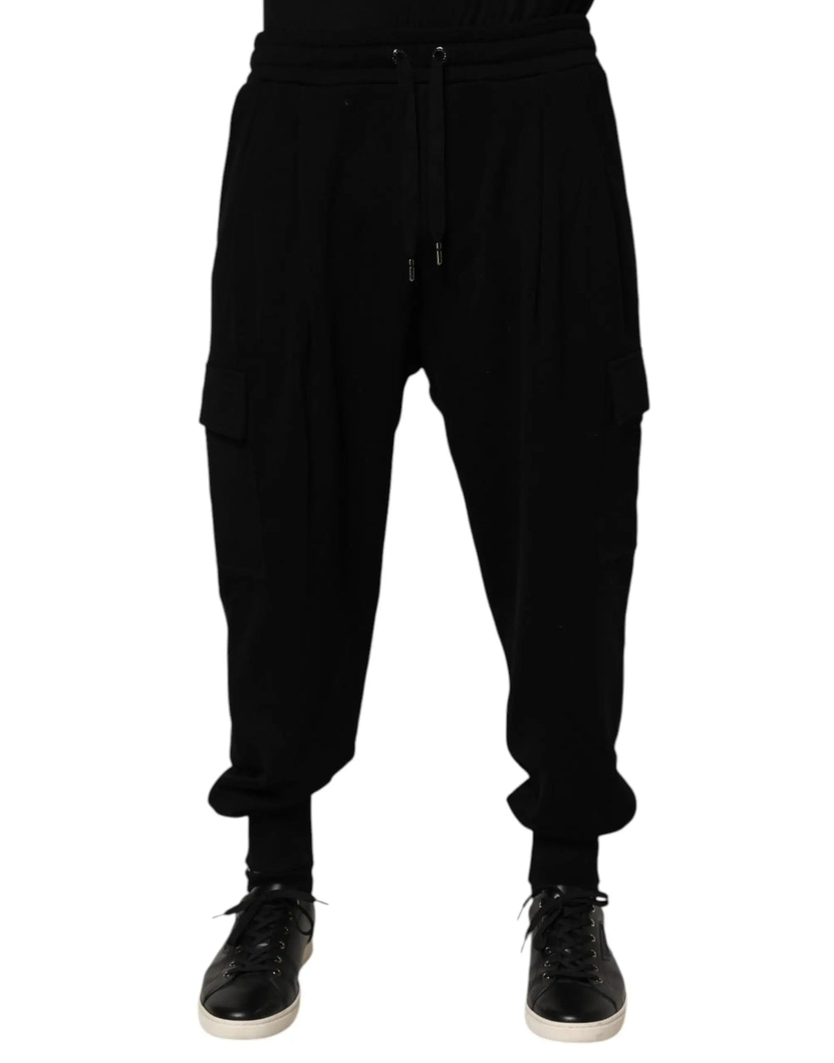 Pantalon cargo noir dolce & gabbana en mélange de coton avec taille élastique, cordon de serrage, poches latérales et chevilles élastiquées