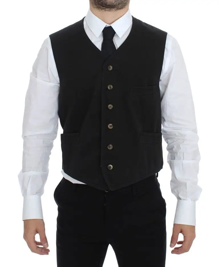 Dolce & gabbana gilet noir en mélange de coton avec cinq boutons en laiton et une poche poitrine en laine noire