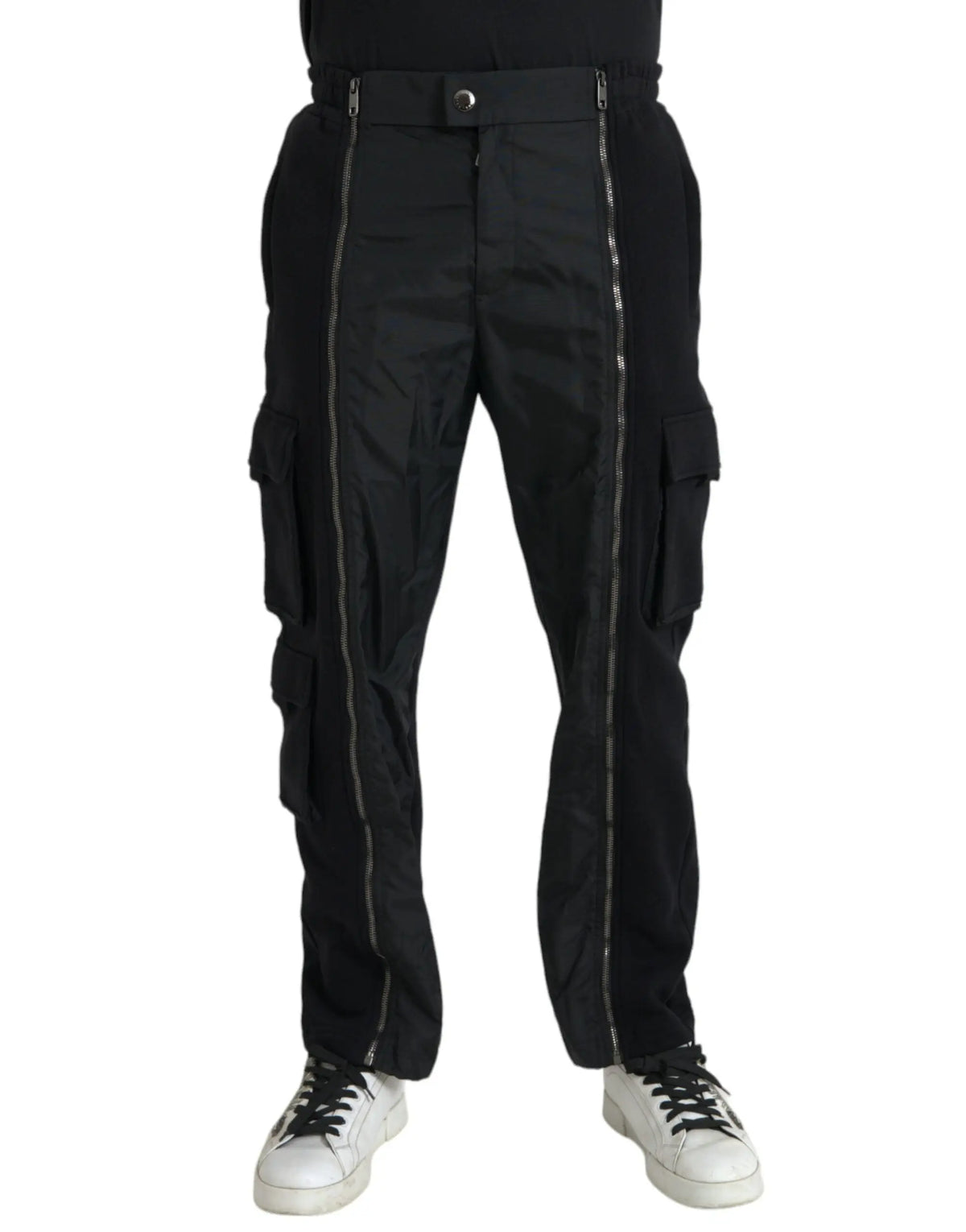 Pantalon skinny dolce & gabbana en mélange de coton noir avec fermetures éclair argentées sur les coutures extérieures et poches multiples