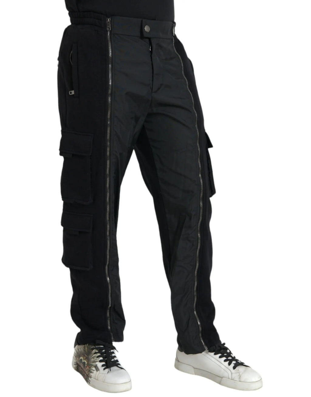 Pantalon skinny noir dolce gabbana en mélange de coton avec poches multiples et accents de fermeture éclair sur les côtés