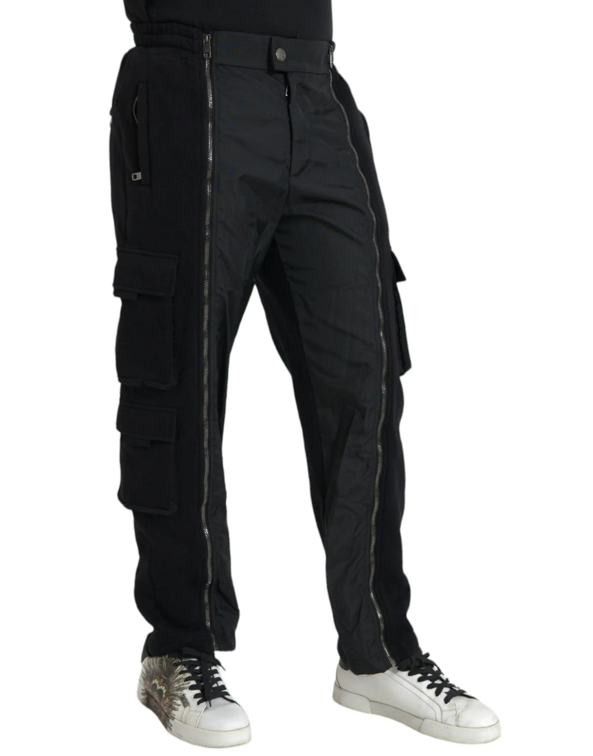 Pantalon skinny noir dolce gabbana en mélange de coton avec poches multiples et accents de fermeture éclair sur les côtés
