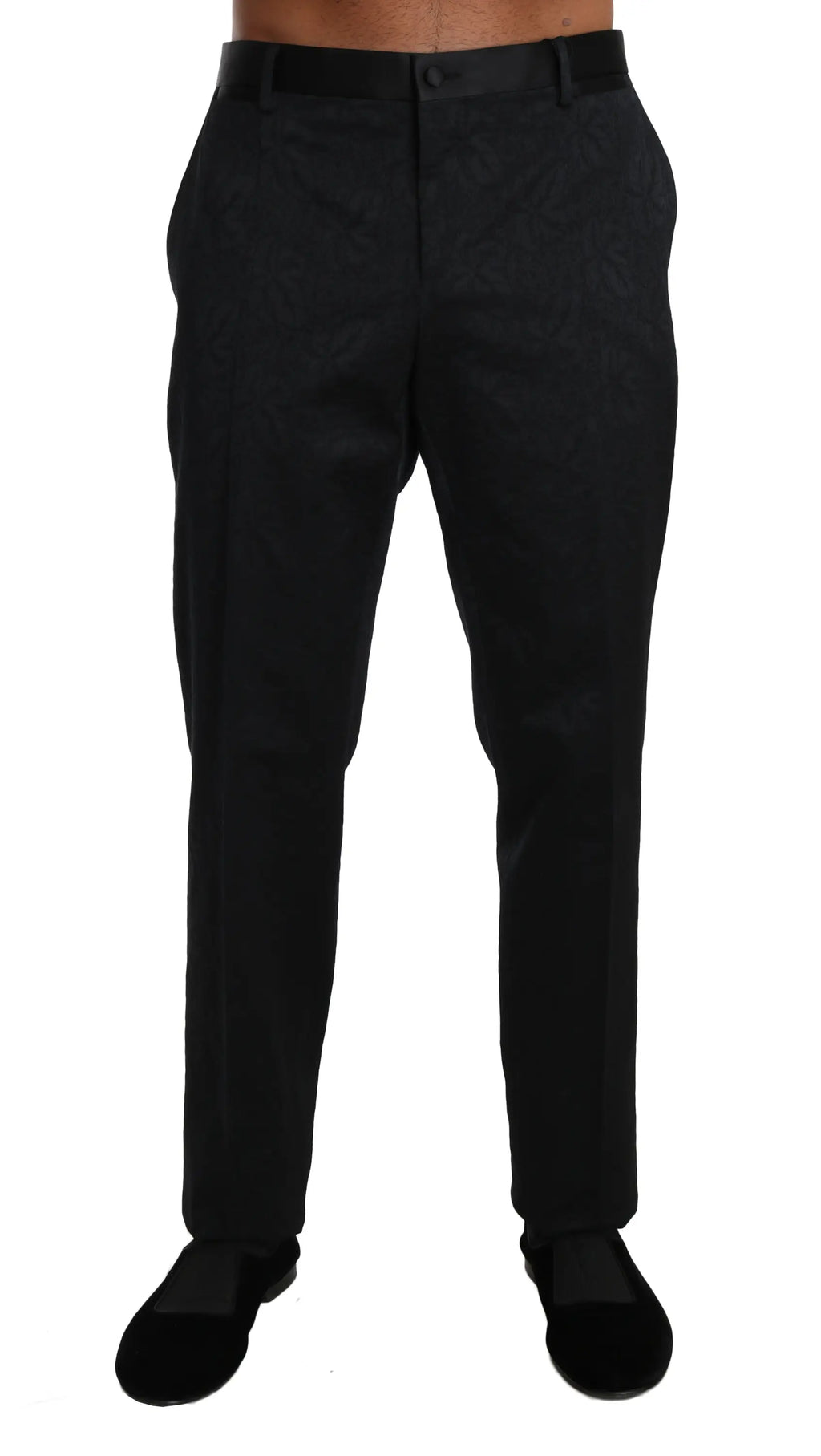 Pantalon formel dolce & gabbana en brocart de coton noir avec coupe droite élégante et ceinture assortie