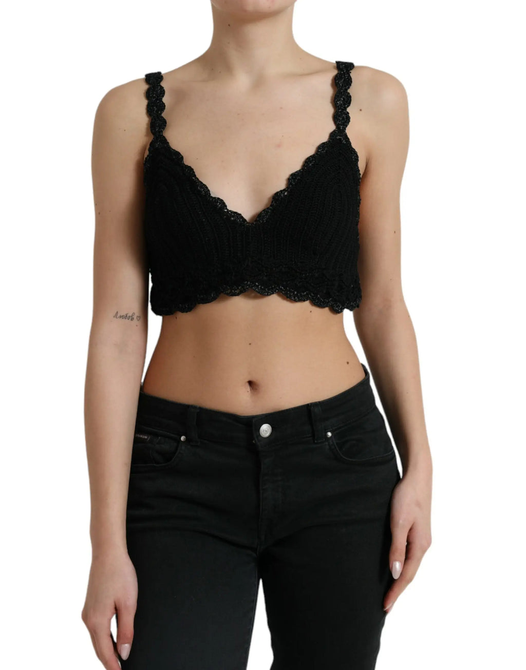 Dolce & Gabbana bustier noir en coton crochet avec bords en picots et bretelles tressées crop top