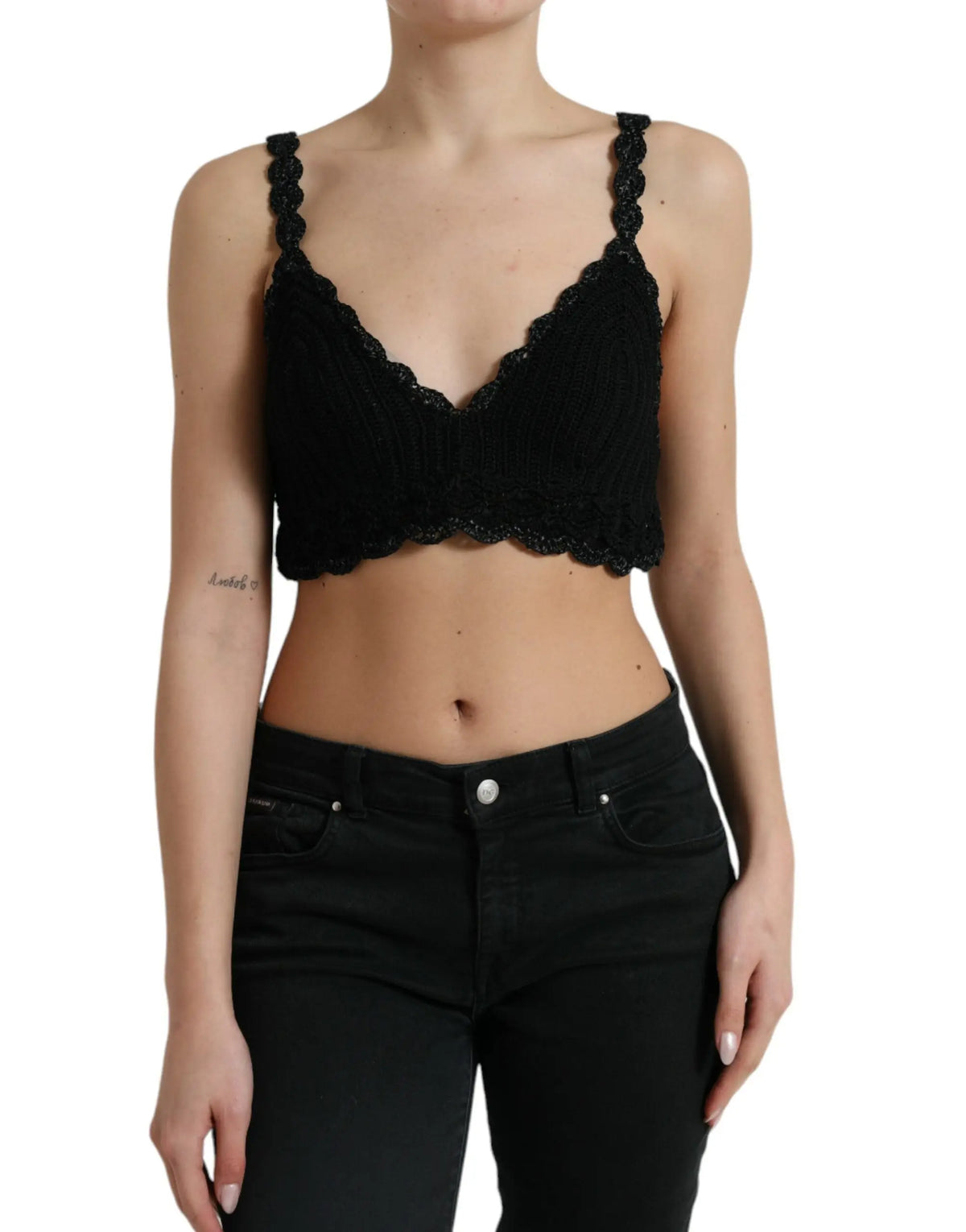 Dolce & Gabbana bustier noir en coton crochet avec bords en picots et bretelles tressées crop top