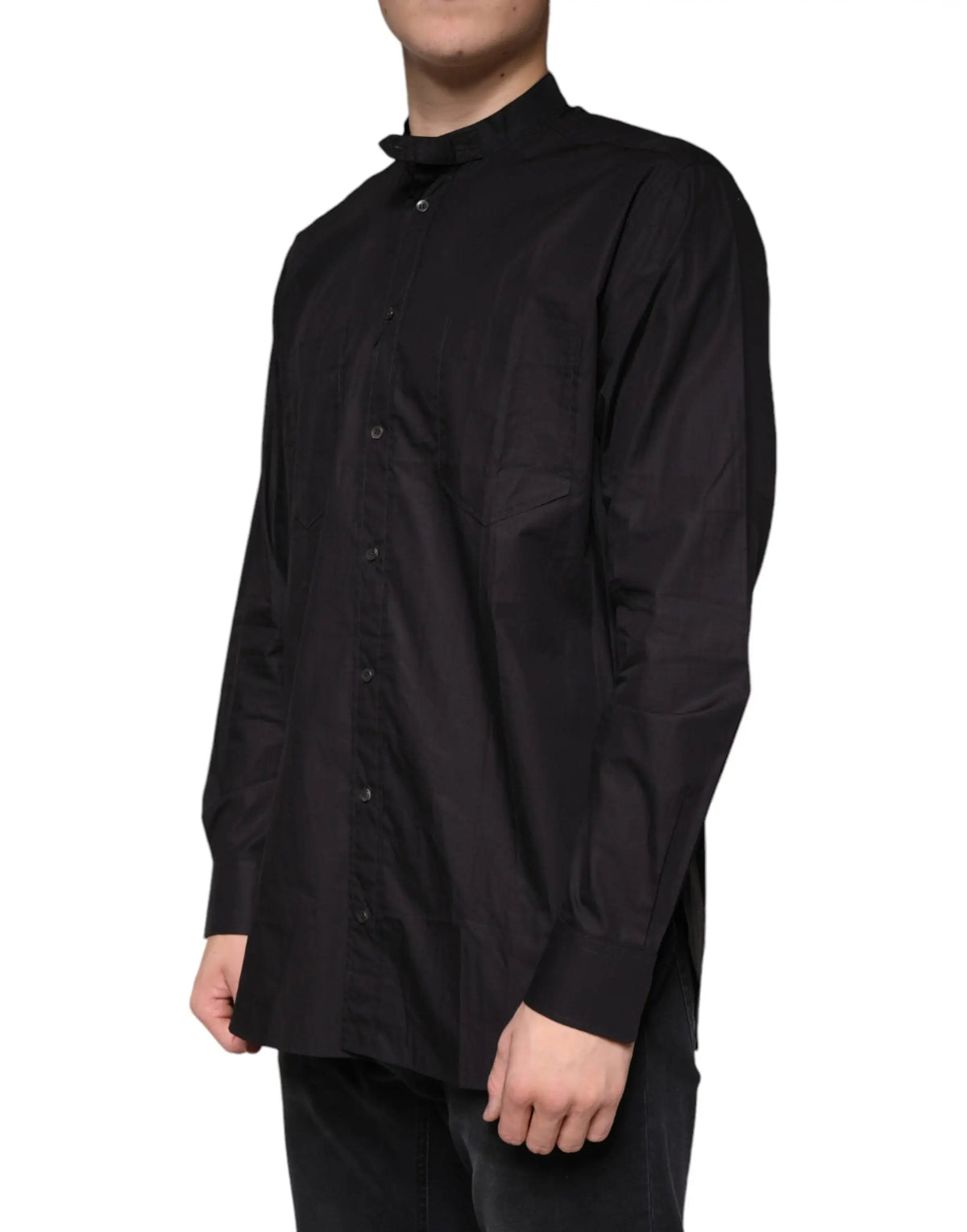 Chemise pour homme dolce & gabbana noire en coton à manches longues avec col mao et plis subtils à lavant