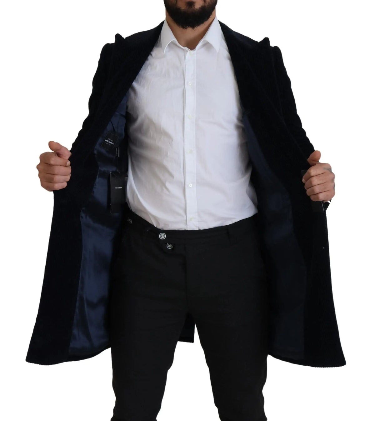 Dolce & gabbana cardigan long coat homme en coton noir avec doublure satinée et épaules structurées