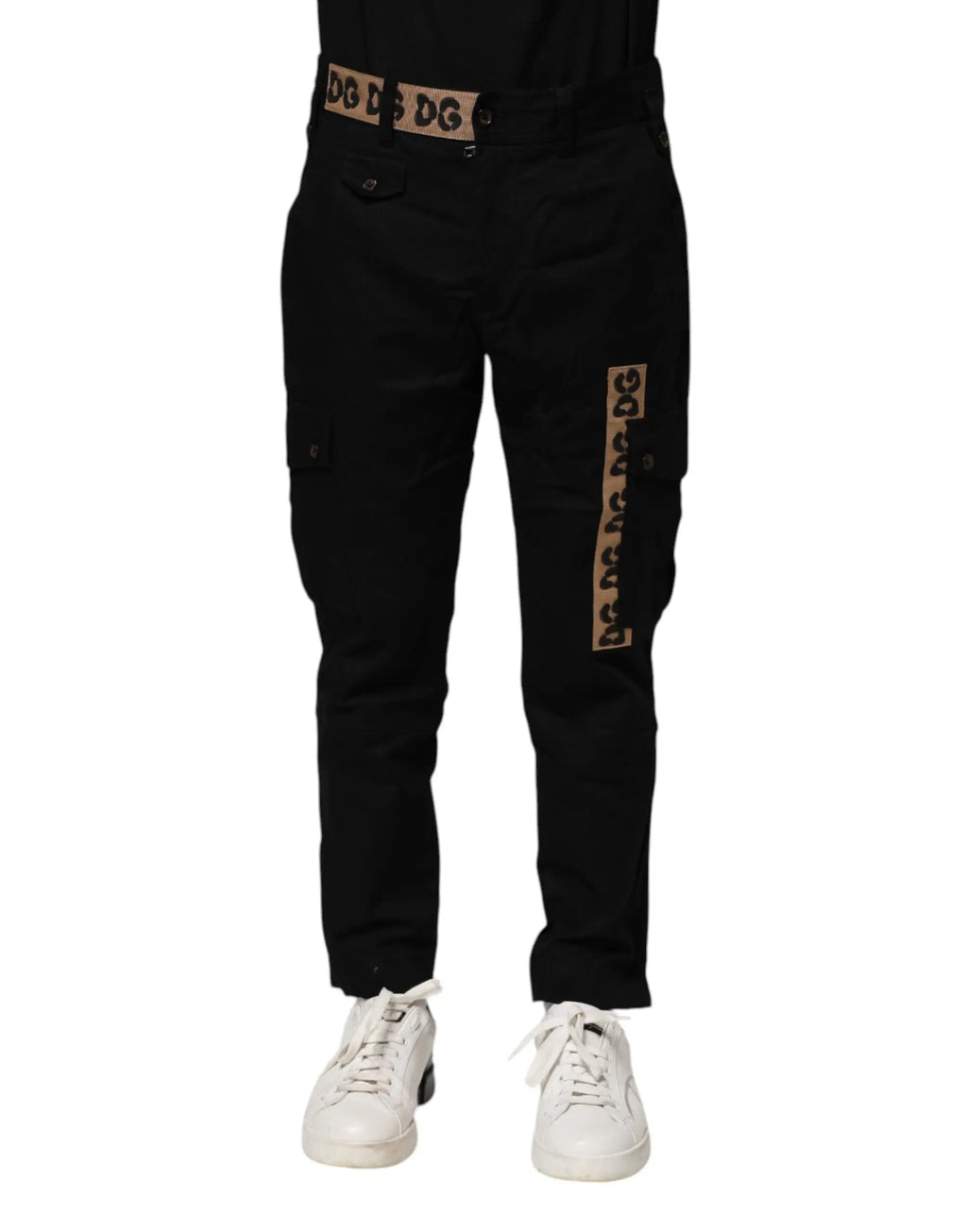 Pantalon cargo noir dolce & gabbana en coton avec ceinture logo dg et marquage vertical sur jambe en denim durable