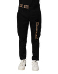 Pantalon cargo noir dolce gabbana en coton avec ceinture logo dg et marquage vertical sur le côté en denim robuste