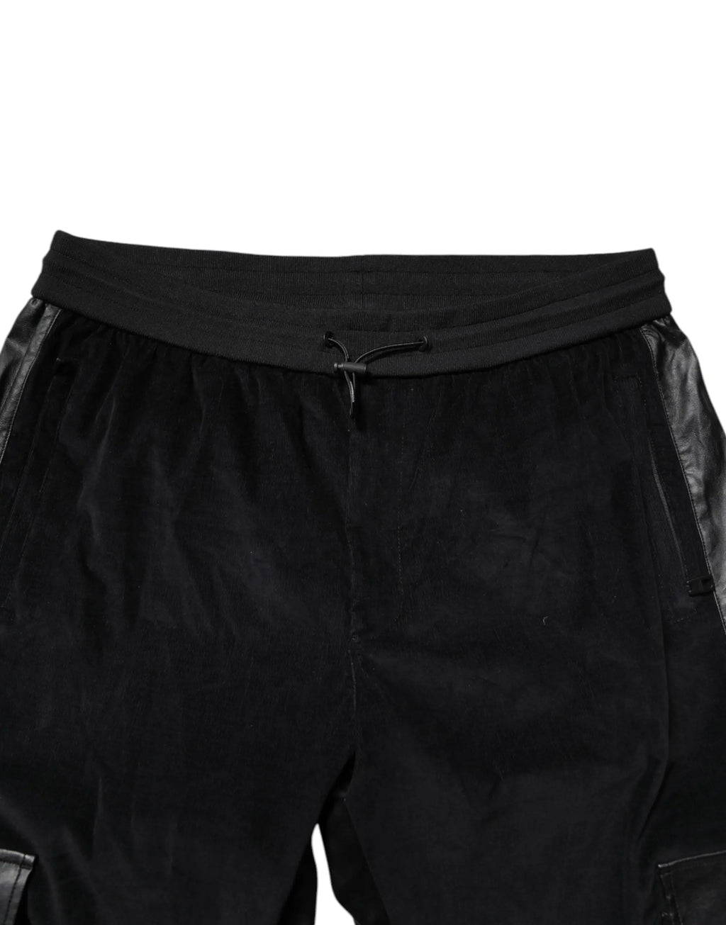 Pantalon cargo jogger dolce & gabbana en velours noir avec panneaux latéraux en cuir noir et taille à cordon