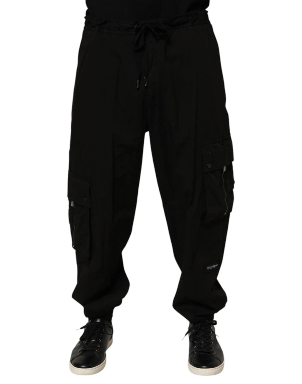 Dolce & gabbana pantalon cargo jogger noir en coton avec multiples poches et taille avec cordon de serrage