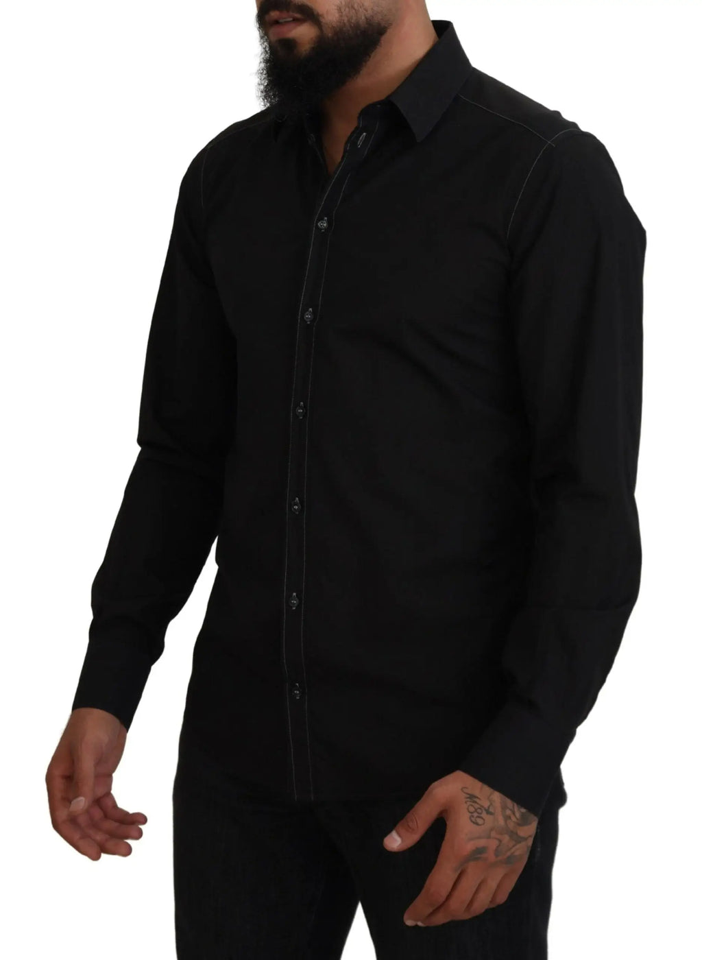 Chemise noire dolce & gabbana en coton à manches longues avec col et coutures discrètes details or