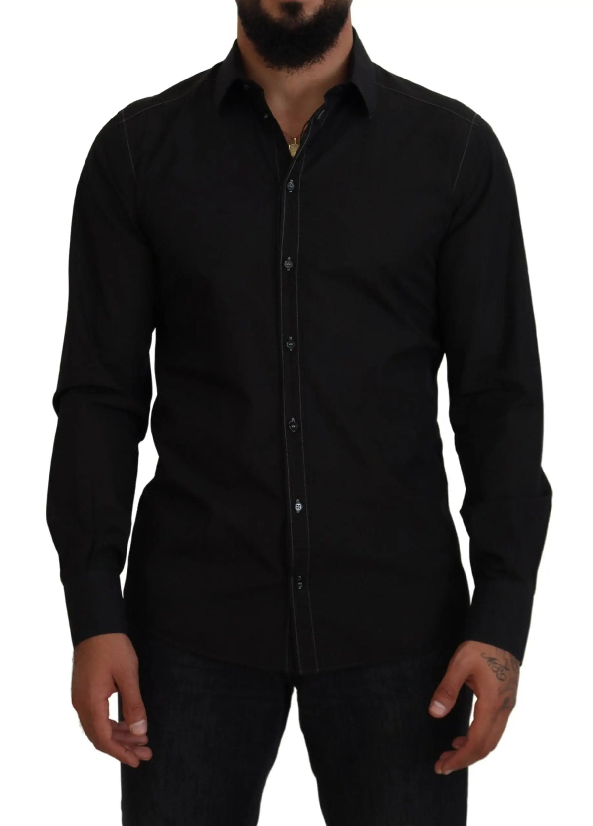 Chemise homme noire dolce gabbana en coton à manches longues avec col classique et coutures subtiles