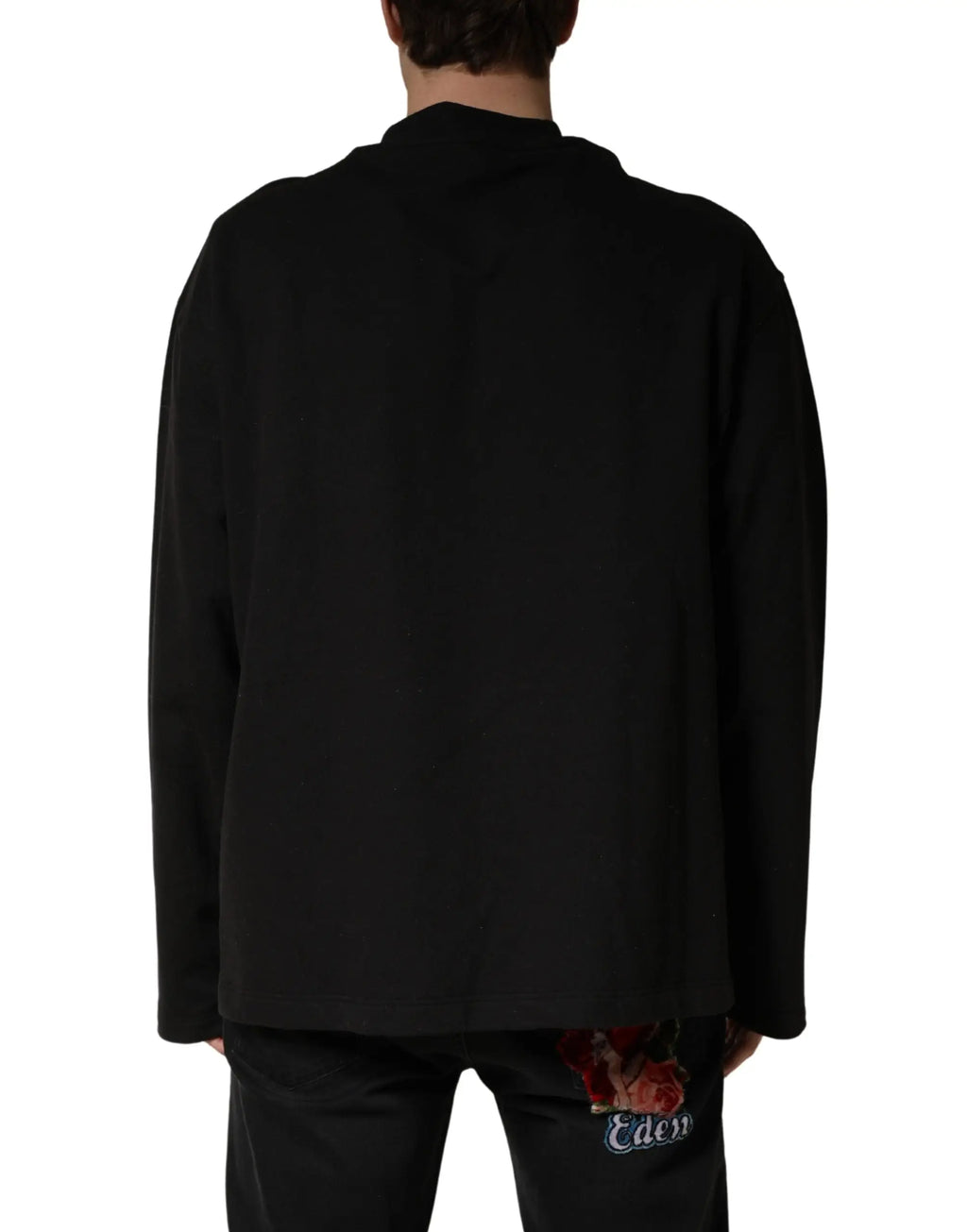 Veste noire manches longues en coton dolce gabbana vue dos avec broderie discrète rose et texte eden au bas