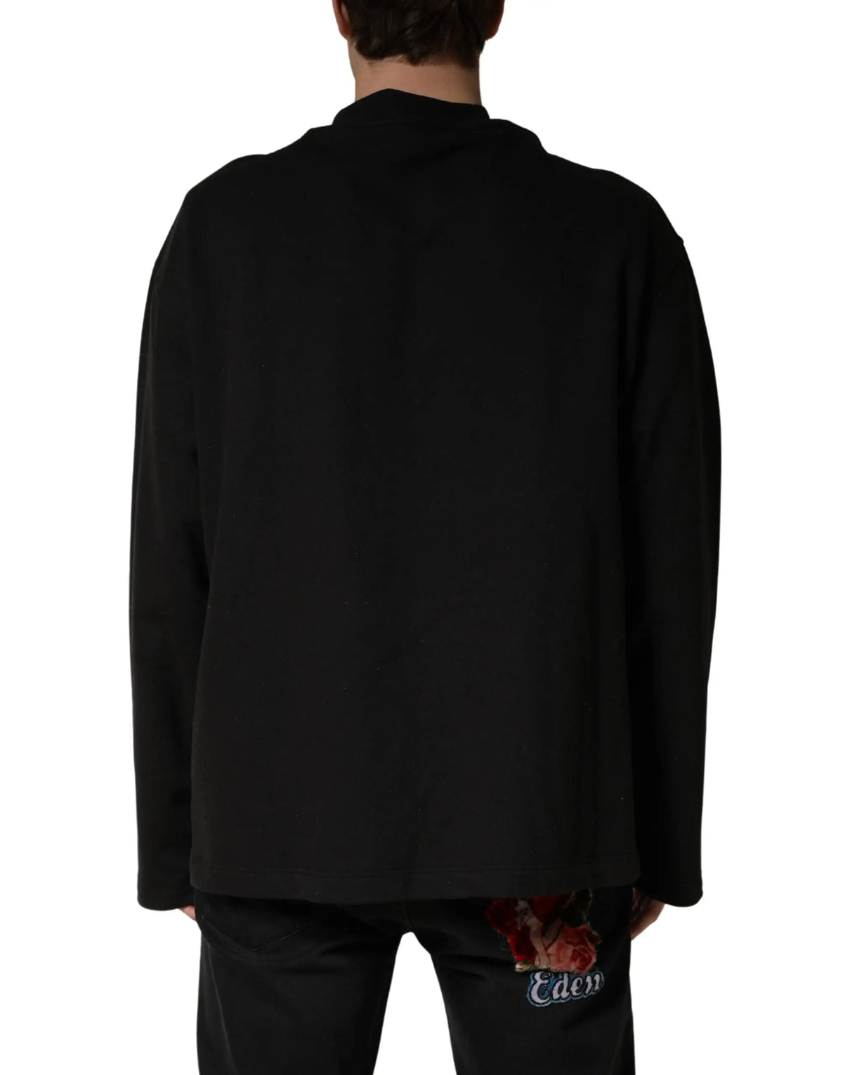 Veste noire manches longues en coton dolce gabbana vue dos avec broderie discrète rose et texte eden au bas