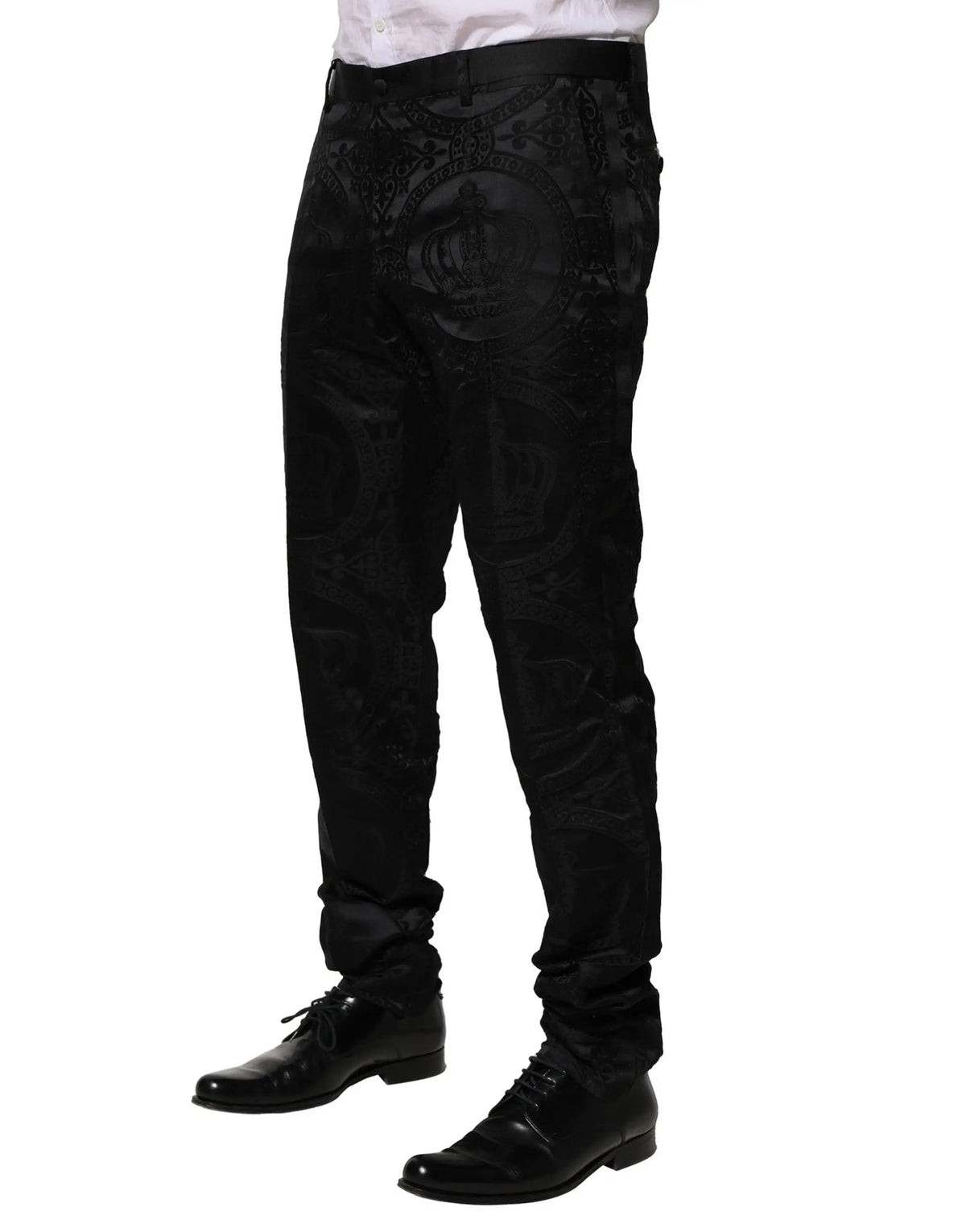 Pantalon habillé dolce & gabbana en coton noir avec un emblème brodé complexe sur le devant