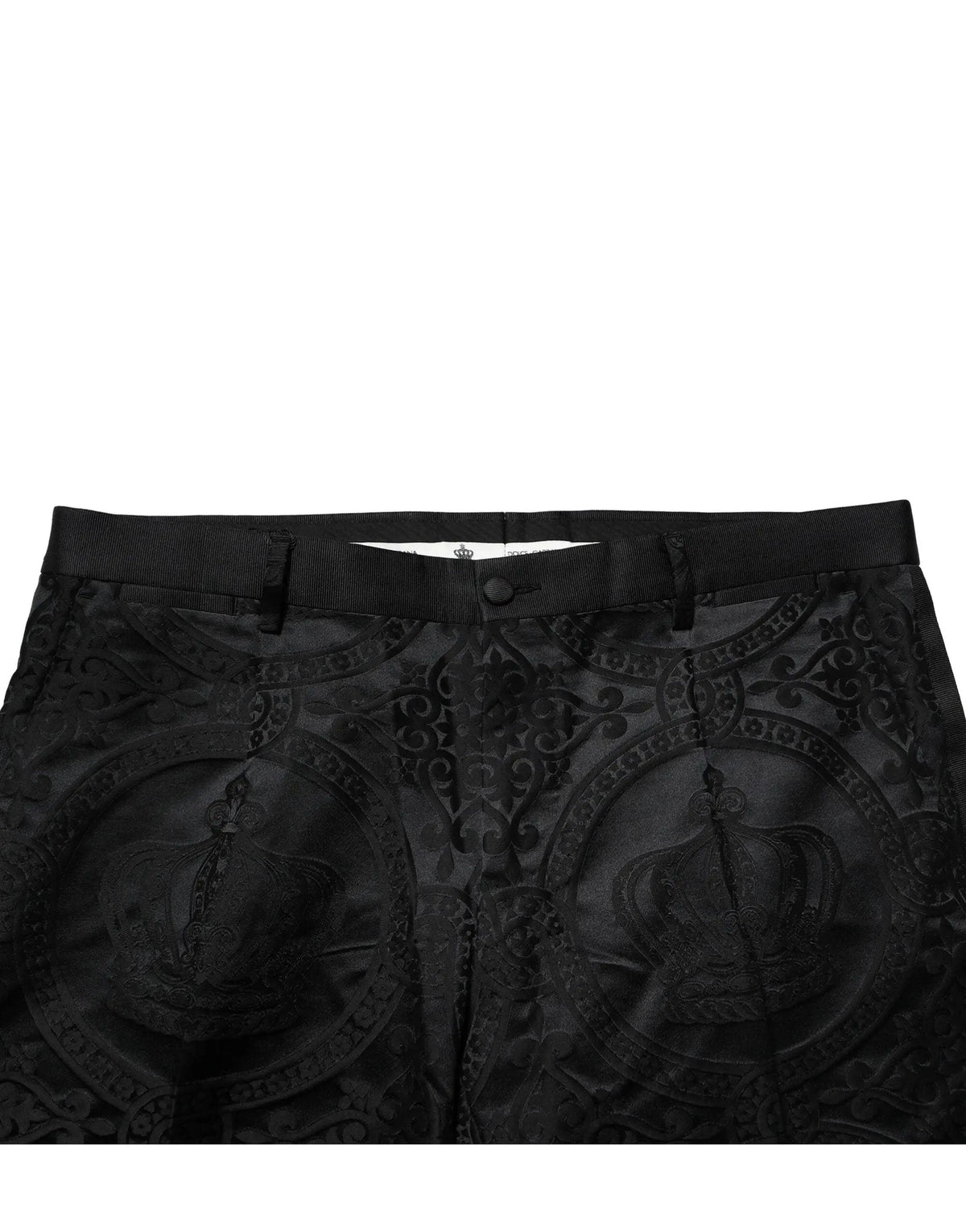 Pantalon noir en coton dolce gabbana avec motif orné ton sur ton et couronne en relief élaborée