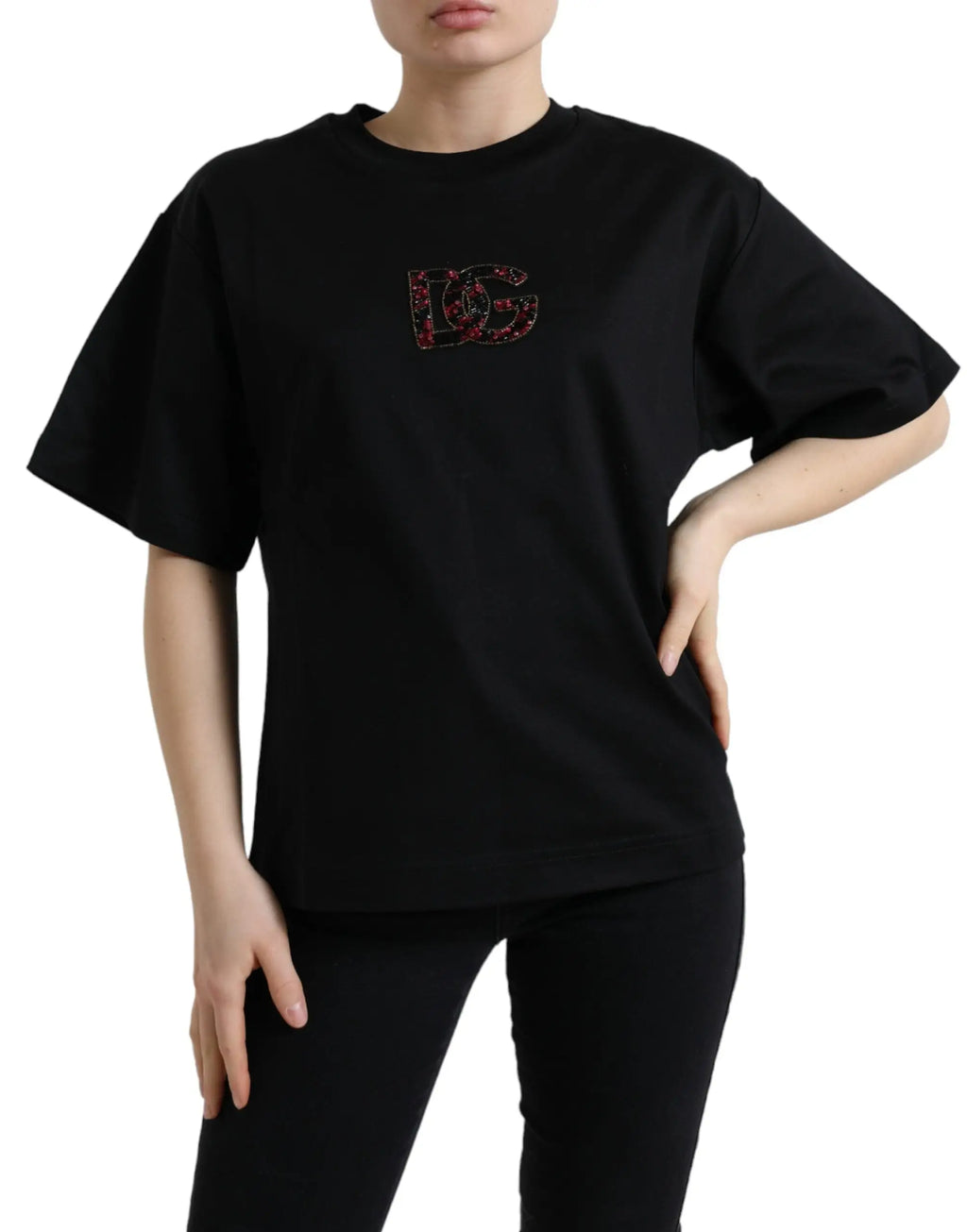T-shirt dolce gabbana noir en coton avec logo dg brodé rouge et noir cristallisé sur la poitrine oversized