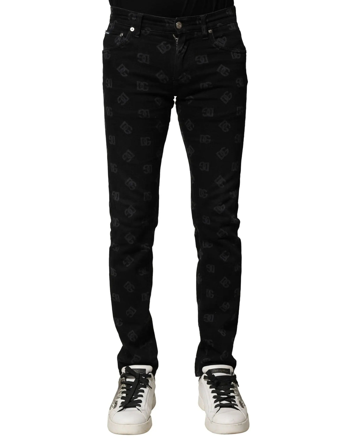 Jean slim homme en coton noir dolce gabbana avec motif logo dc gris foncé répétée sur le tissu